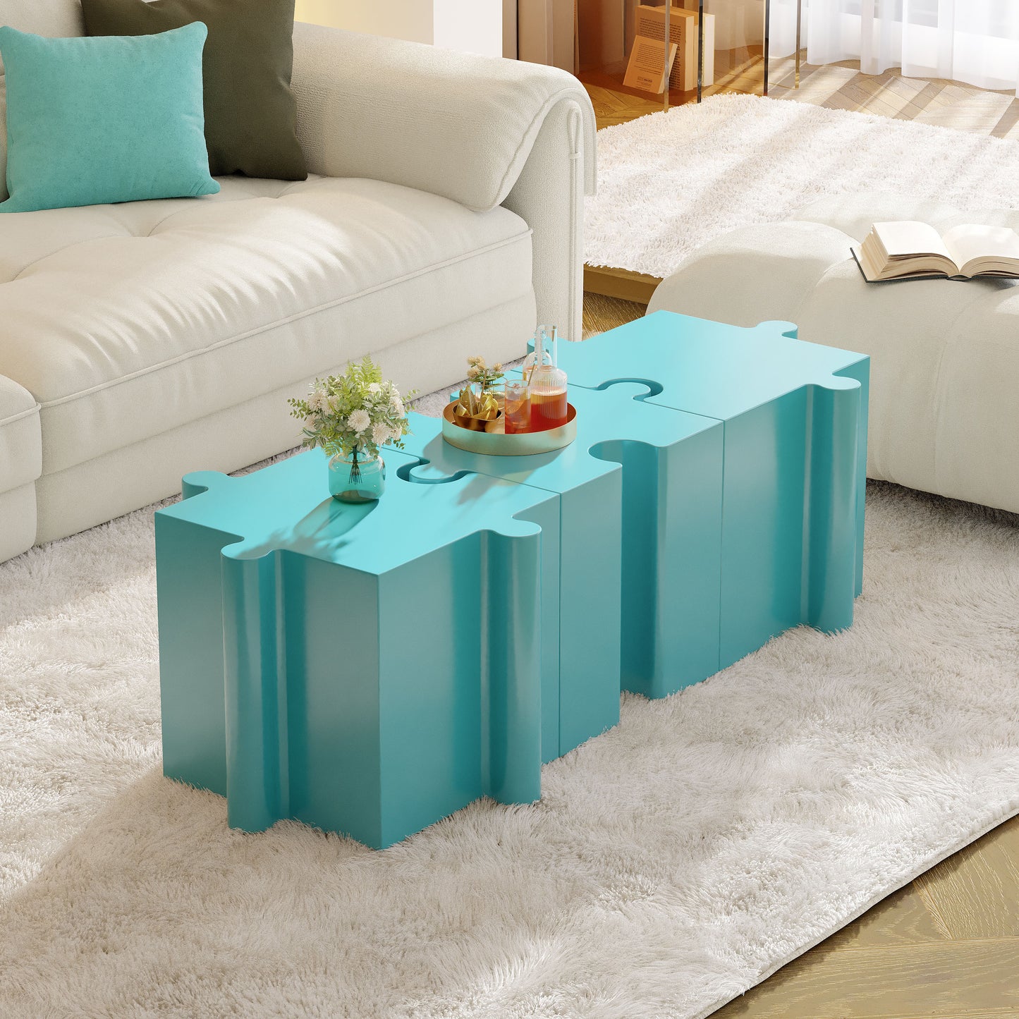 Puzzle Art Side Table, Modular Convex Edge MGO Table - Buy Singles or Combine for Custom Layouts,  Indoor & Outdoor,Light Blue Color