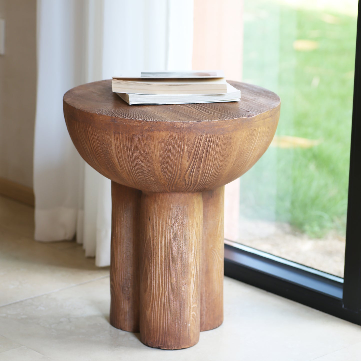 Iris Outdoor Patio Three-Legged Wood-Grain Round MGO Side Table, Brown