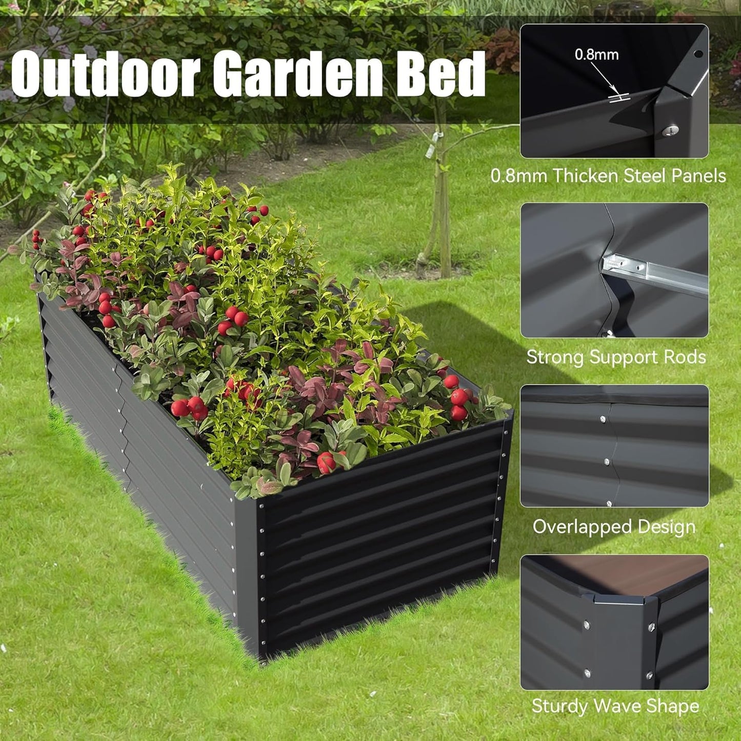 6x3x1.5ft Galvanized Raised Garden Bed, Outdoor Planter Garden Boxes Large Metal Planter Box for Gardening Vegetables Fruits Flowers, Dark Gray