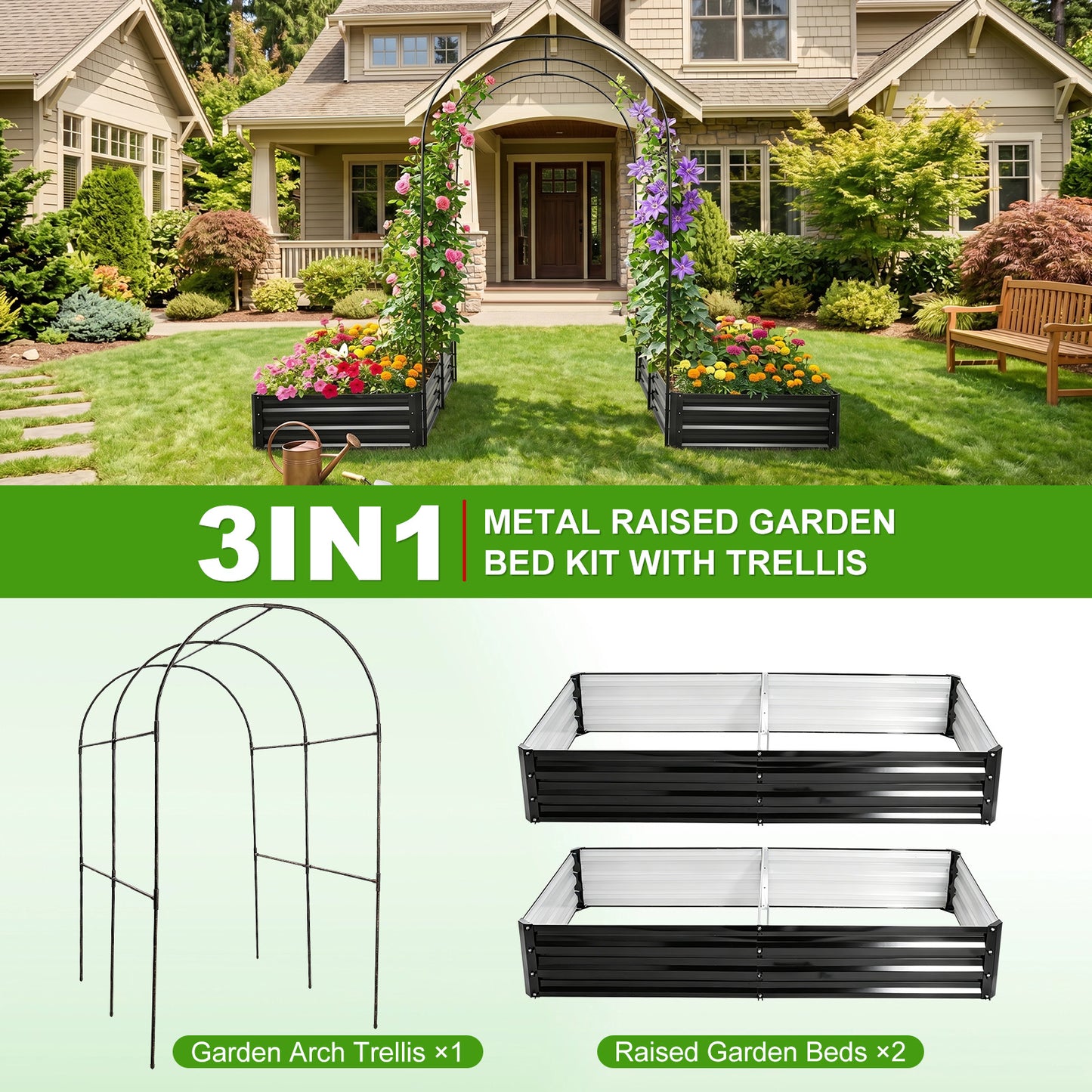 Raised Garden Bed with Arch Trellis, 2 Pack Metal Planter Boxes with Garden Arch, Outdoor Garden Planter for Climbing Plants Vegetables Flowers