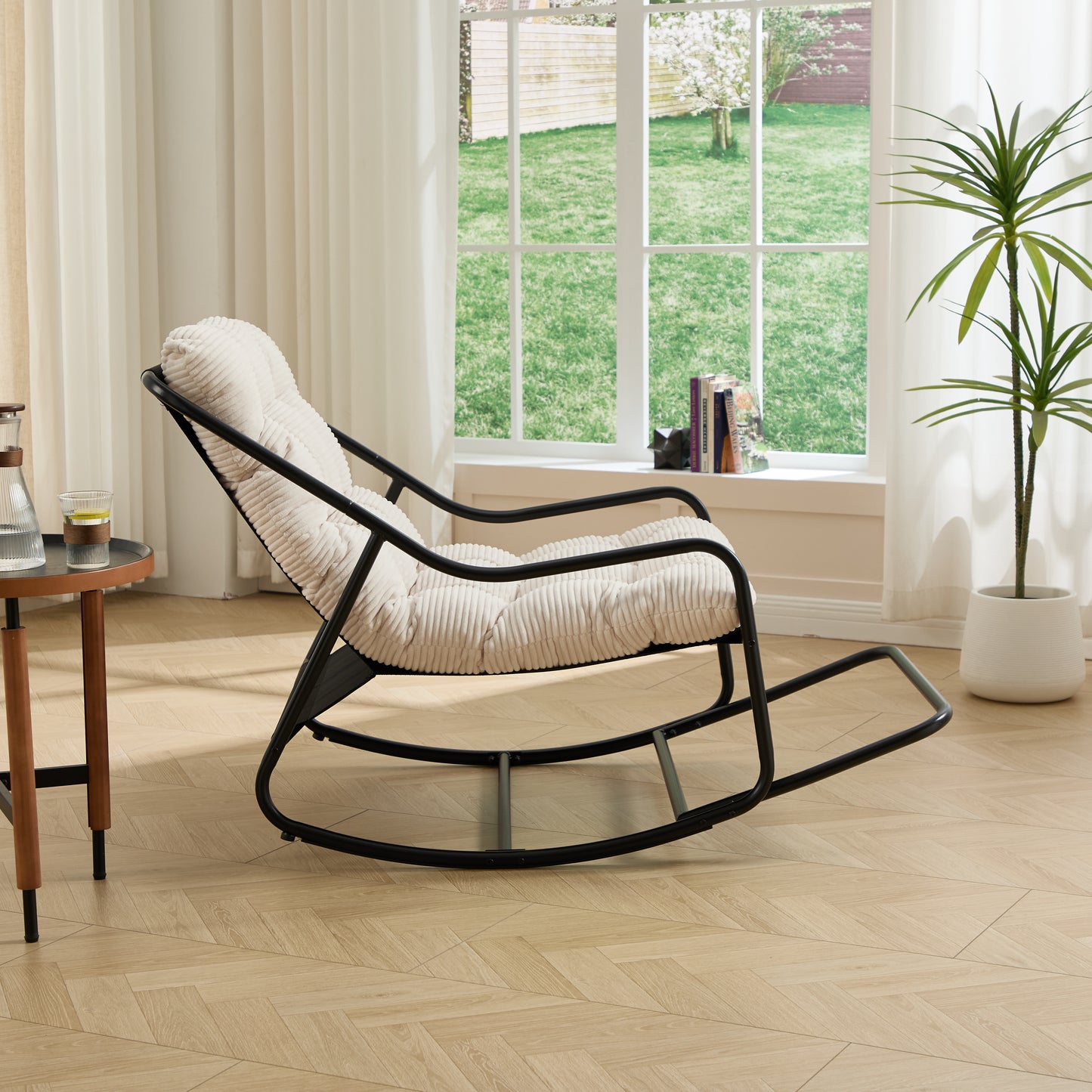 Outdoor Rocking Chair, Comfy Cushion, with Soft Thick Cushion,for Living Room, Bedroom, Reading Room, Black Frame with White Cushion