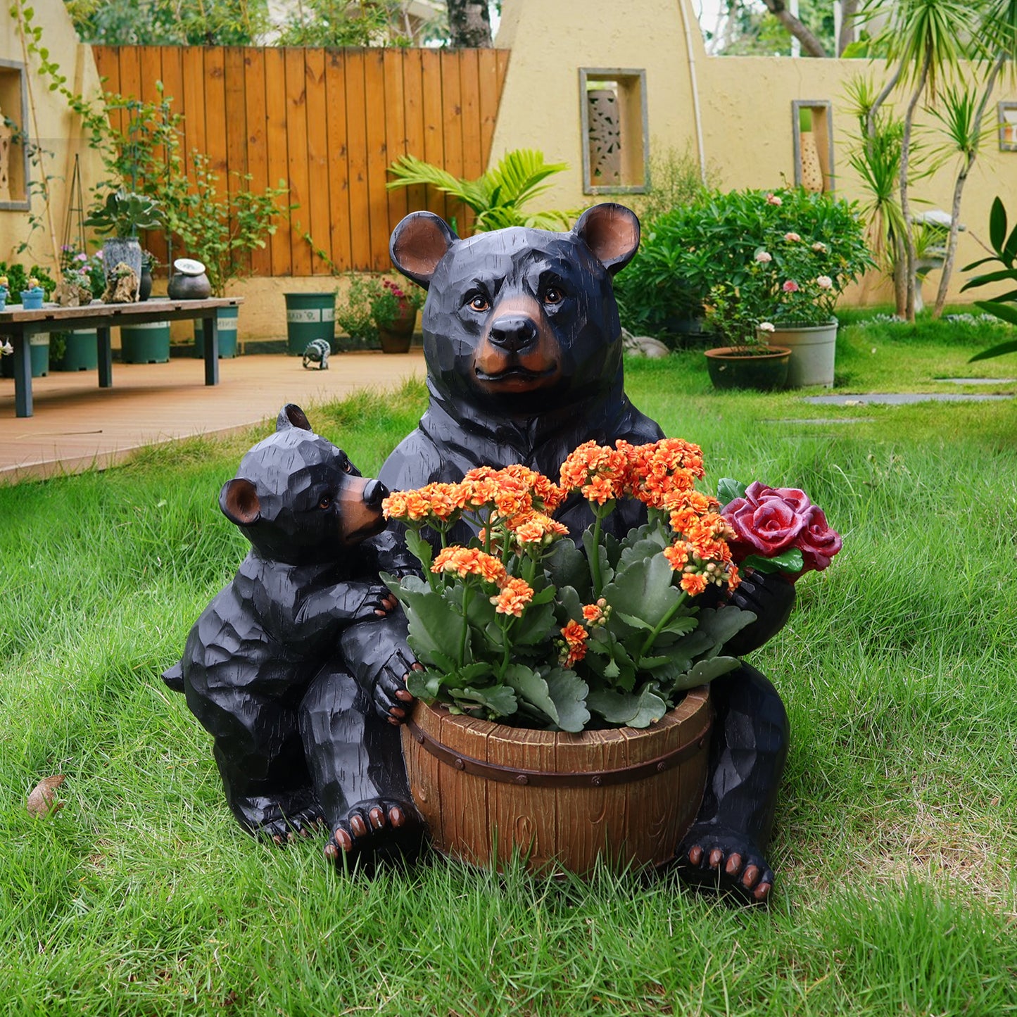 Outdoor Garden Sculpture Bear Flower Pot Planter - Unique Yard Statue Decoration, Interesting Law Outdoor Ornament