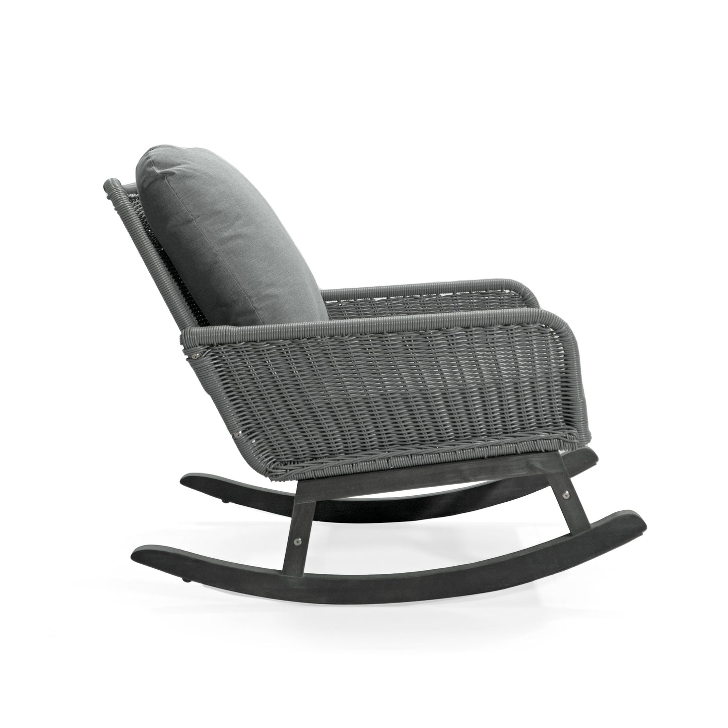 Contemporary Minimalist Gray Wicker Rocking Chair with Soft Polyester Cushions and Durable Wooden Frame, Perfect for Indoor and Outdoor Spaces like Patio, Balcony, or Living Room
