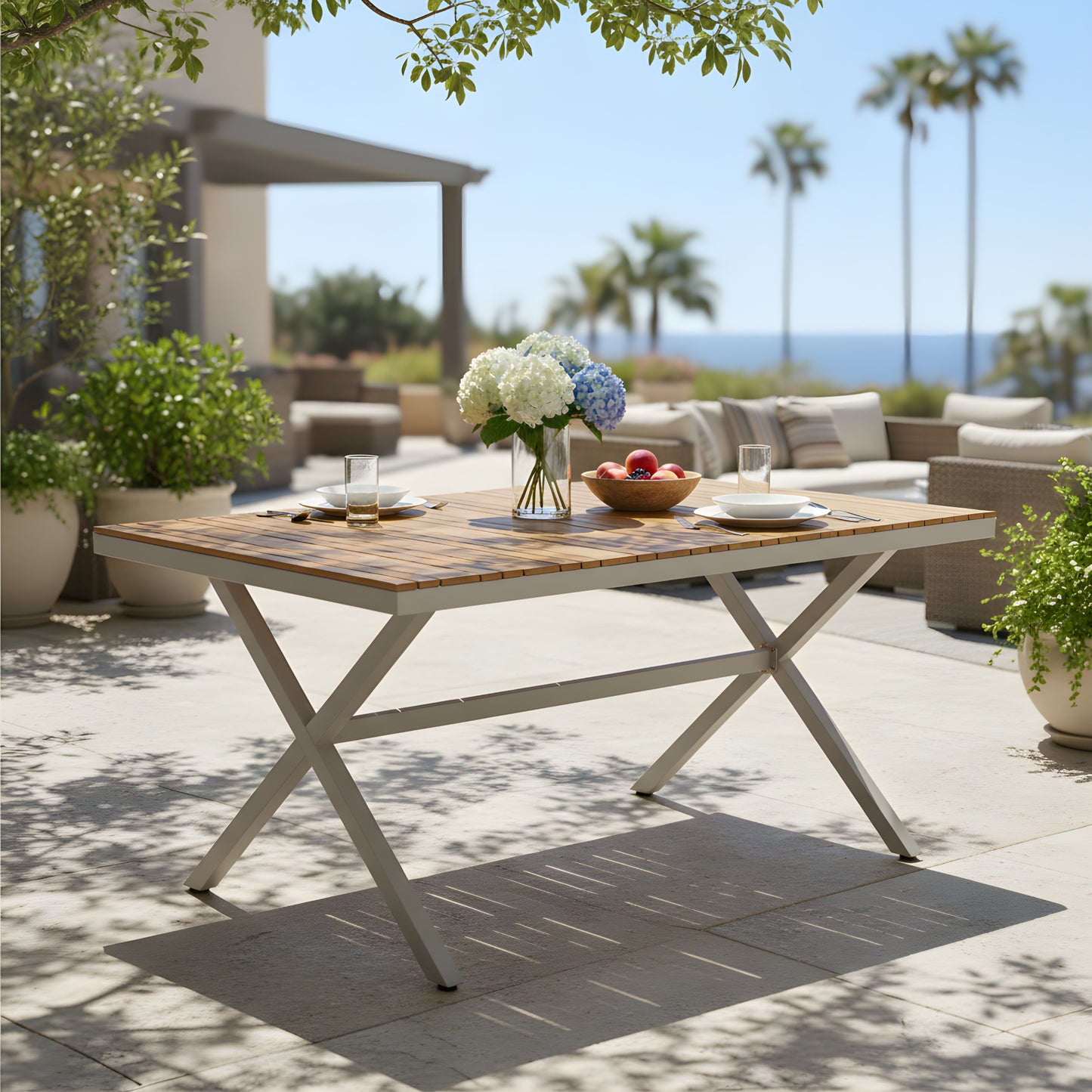 Teak Wood Top with Beige Steel Frame Outdoor Dining Table, 55.12" Rectangular Patio Table with X-Shaped Legs, Weather-Resistant for Backyard, Garden, Deck and Poolside