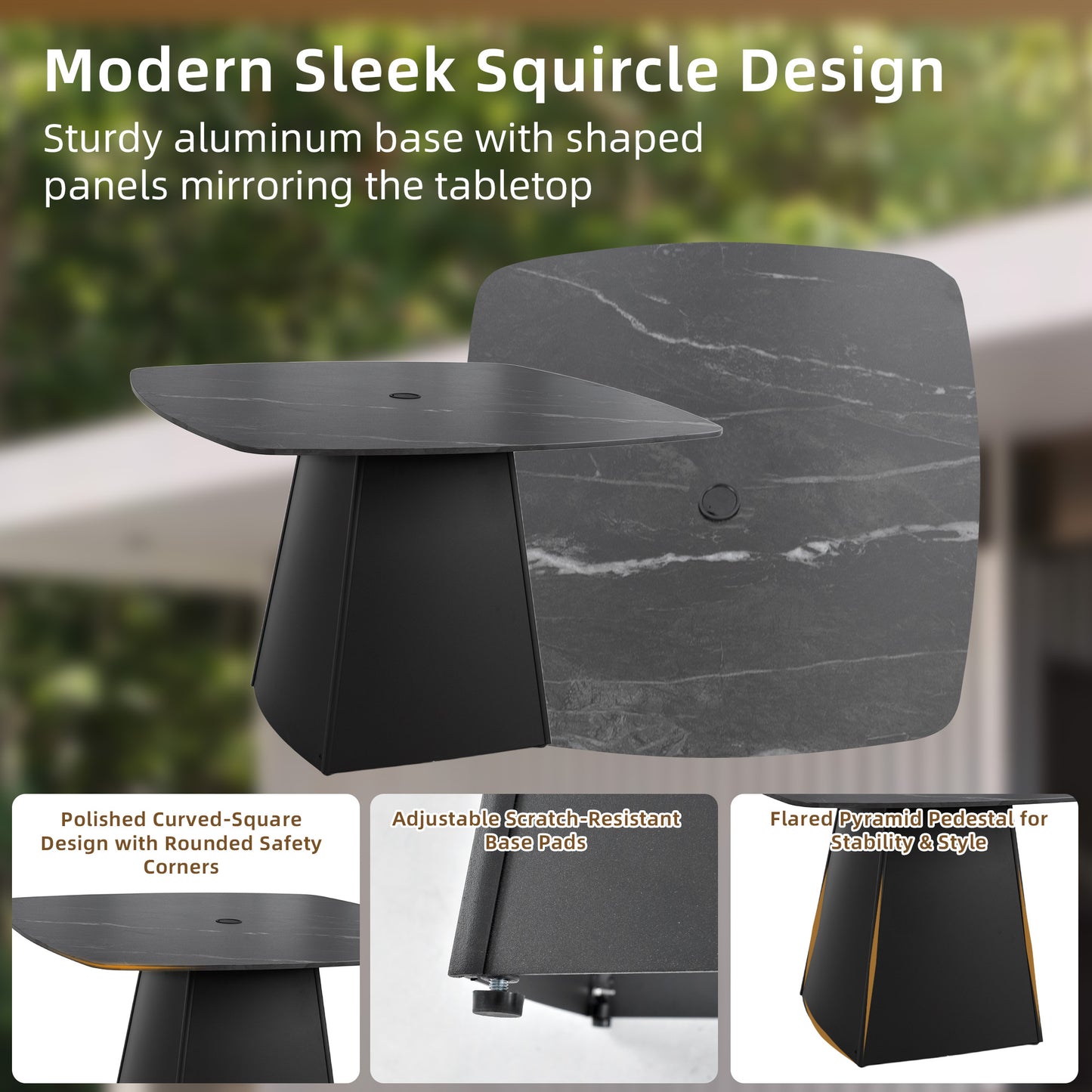 Modern 44" Rounded Square Outdoor Pedestal Dining Table, Black Sintered Stone Top, Flared Pyramid Aluminum Pedestal Base, Weather-Resistant, Rust-Free, for Patio, Deck, Poolside, Balcony – Seats 4
