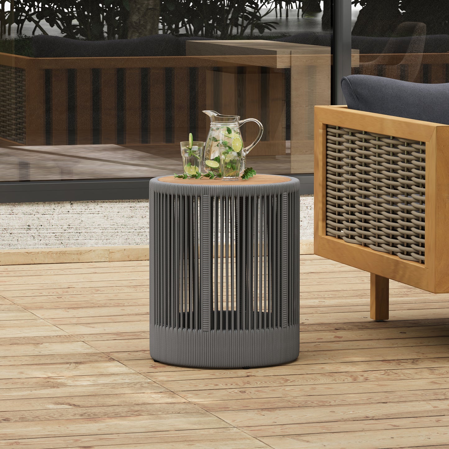 Outdoor Rattan rope & Acacia Wood Side Table - Patio Balcony Furniture for Garden, Yard, Balcony - Weather Resistant(Rope Grey, Natural Iron)