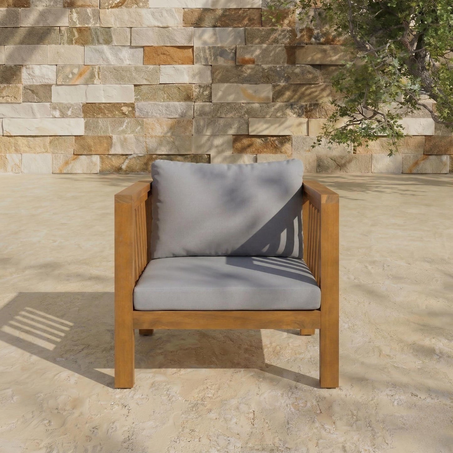 Outdoor Acacia Wood Club Chair with Modern Square Arms, Patio Chair with Thick Cushion, Adjustable Leveling Feet for Poolside, Backyard & Deck, Grey Cushion