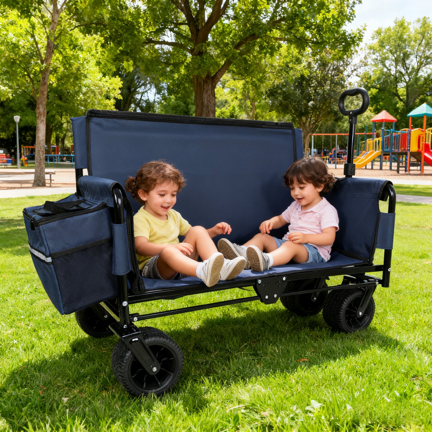 3-in-1 Folding Wagon Cart with Bench Seat & Storage, patent protection- Includes 1 ice pack, 500lbs Heavy-Duty, 180L Capacity All-Terrain Wheels for Camping, Beach, Sports, Garden, dark blue