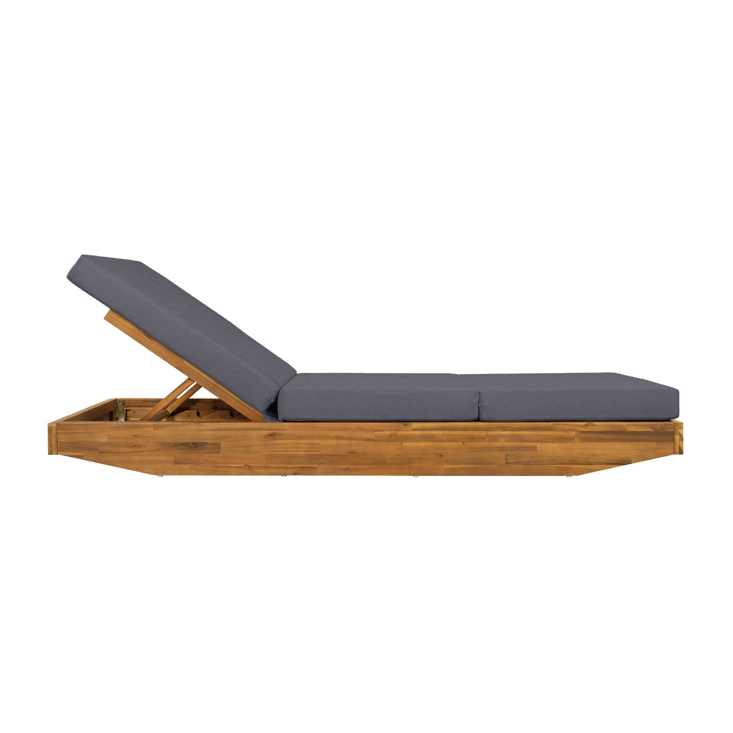 Acacia Wood Chaise Lounge with Cushion - Teak Finish Outdoor Recliner with Dark Grey 3-Fold Water-Repellent Cushion, 300lbs Capacity