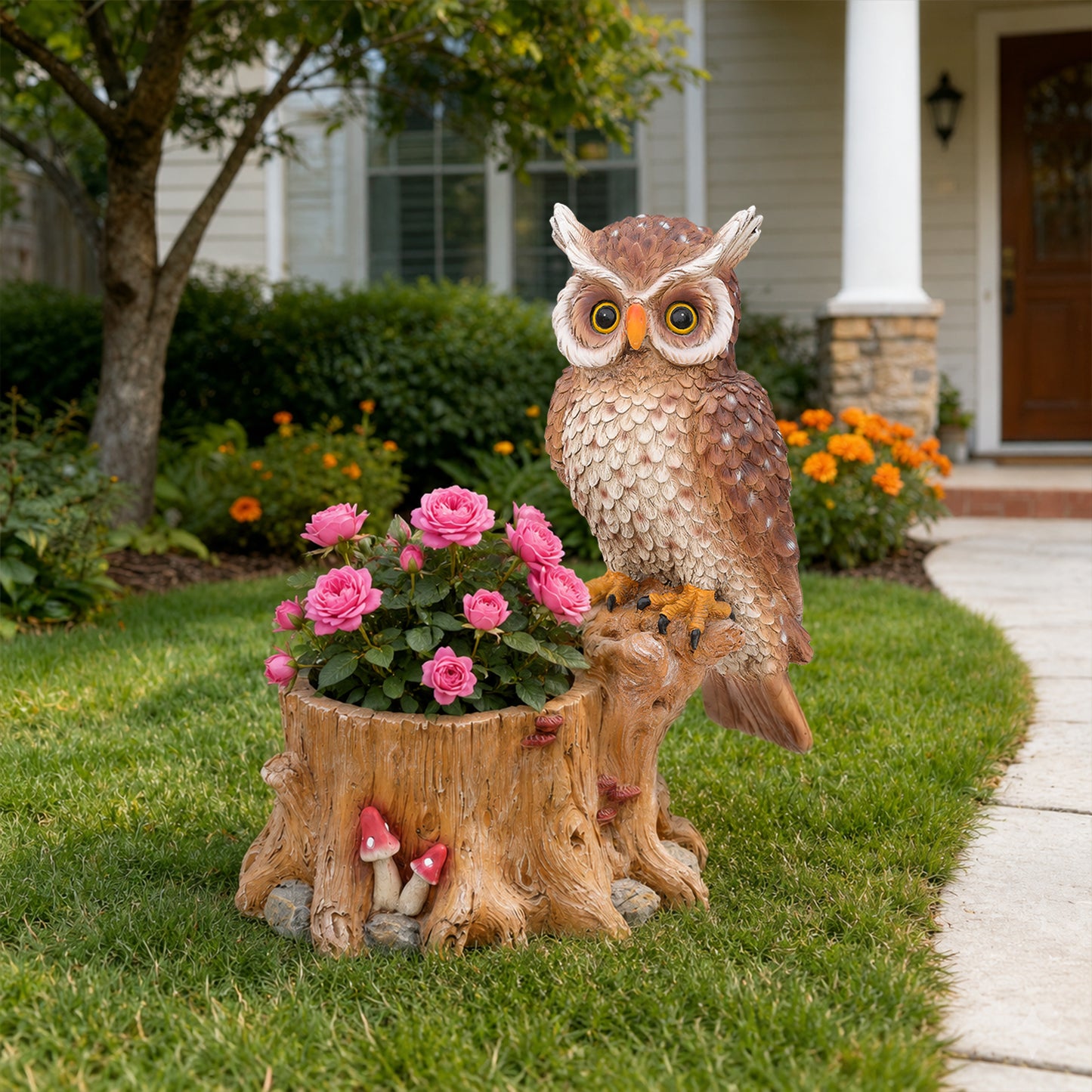Decorative Owl Garden Planter Pot on Branch - Whimsical Polyresin Bird Figurine Flower Pot for Outdoor Porch & Yard Decor