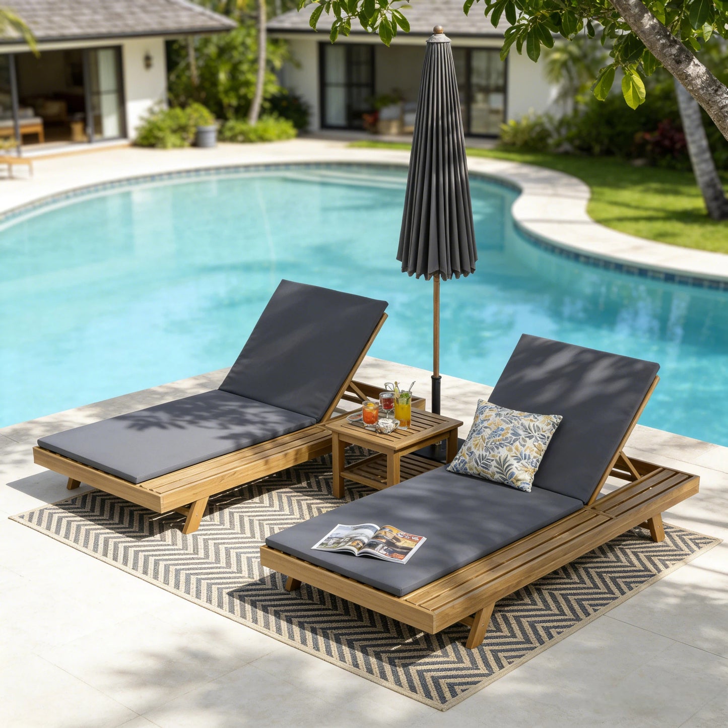 Lounge Chaise Set, Space Available On One Side, Acacia Wood In light brown With Water-Resistant Lounge Cushions (Dark Grey & 2 Inch Thick) – Matching Cream/Leaf Coconut Version Available