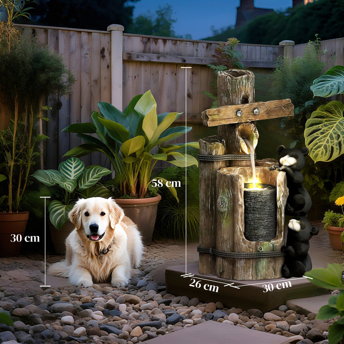 Outsunny 22.8" Outdoor Water Fountain, 3-Tier Floor Standing Resin Bears on Log Waterfall Fountain with LED Lights, Pump