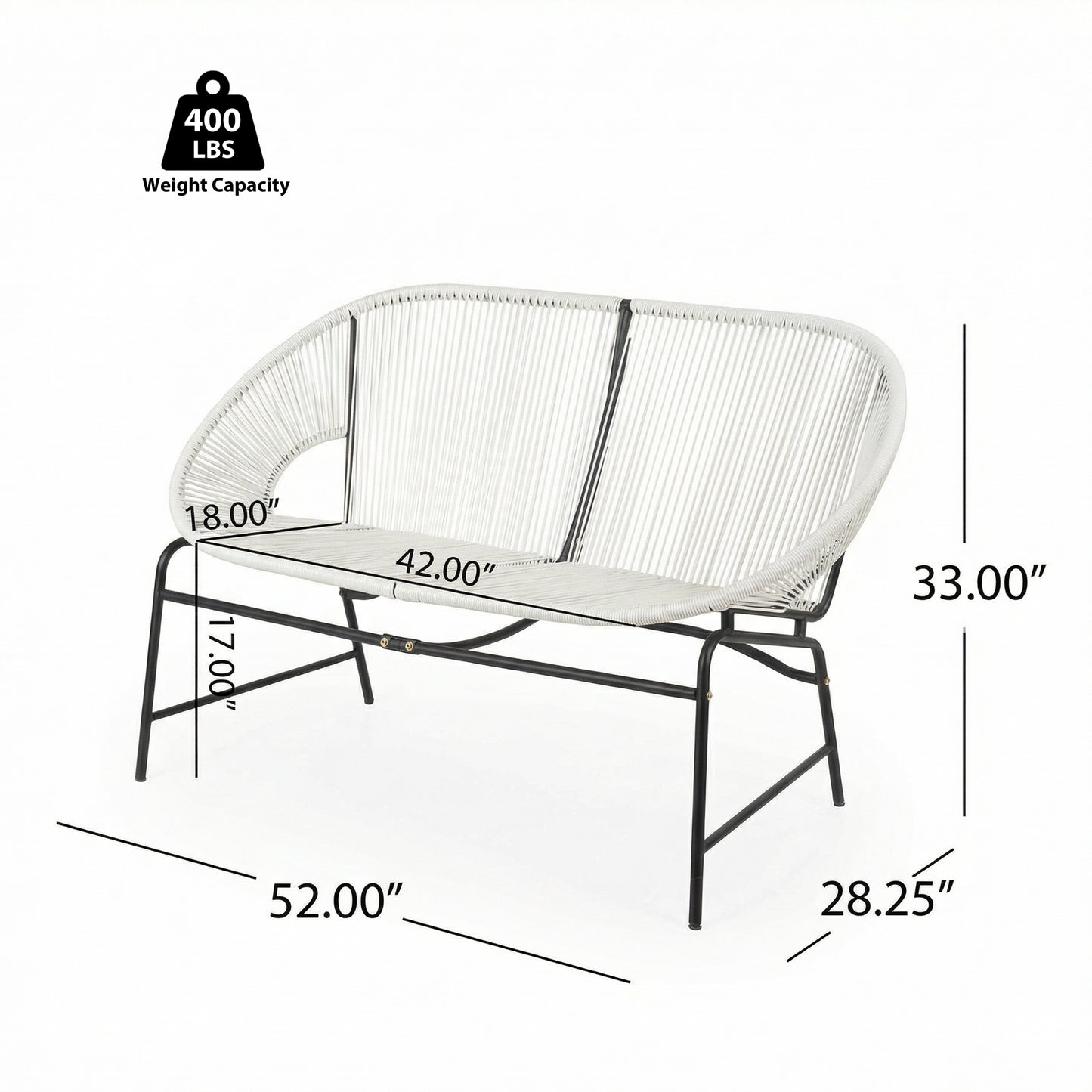 CONDESSA OUTDOOR PATIO WICKER LOVE SEAT, WHITE PE RATTAN &  IRON FRAME, SET OF 1