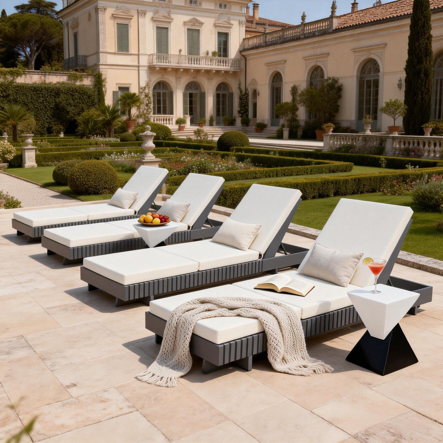 Dark Grey Acacia Solid Wood Outdoor Chaise Lounge with Cream 3-Fold Water-Repellent Cushion, 400lbs Capacity,  Modern Patio Sun Lounger for Garden, Poolside