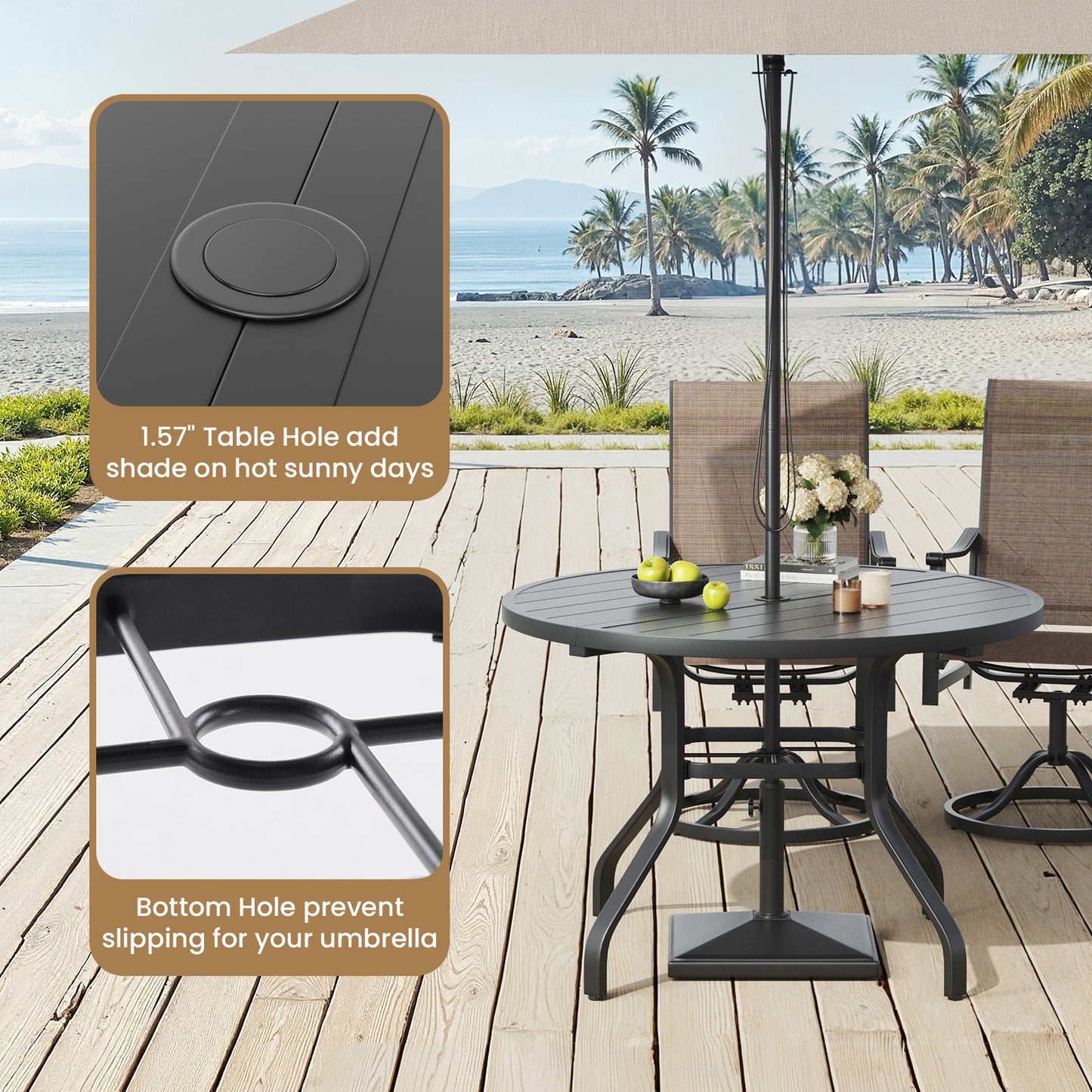Round Outdoor Dining Table, 41" Round Patio Table Wood-Like Grain with 1.57" Umbrella Hole, Metal Outdoor Dining Tables for Backyard and Poolside
