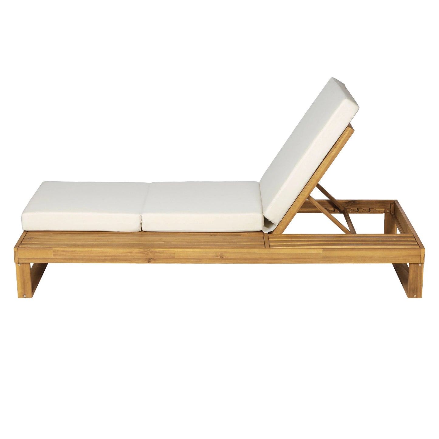 Teak Finish Acacia Wood Chaise Lounge with 4-Inch Cream 3-Fold Water-Resistant Cushion Set, 4-Position Adjustable Outdoor Patio Lounger with Flat Side Surface, for Poolside-Matching dark grey version