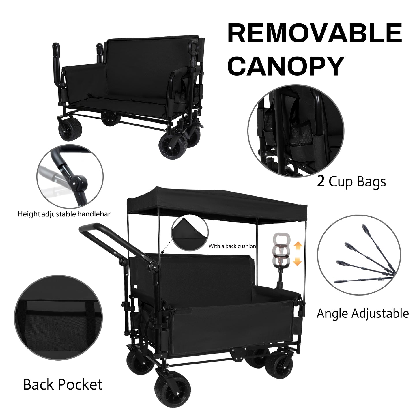 3-in-1 Folding Wagon Cart with Bench Seat & Canopy & Storage, 500lbs Heavy-Duty, 180L Capacity, All-Terrain Wagon for Camping, Beach, Sports, & Garden, Black