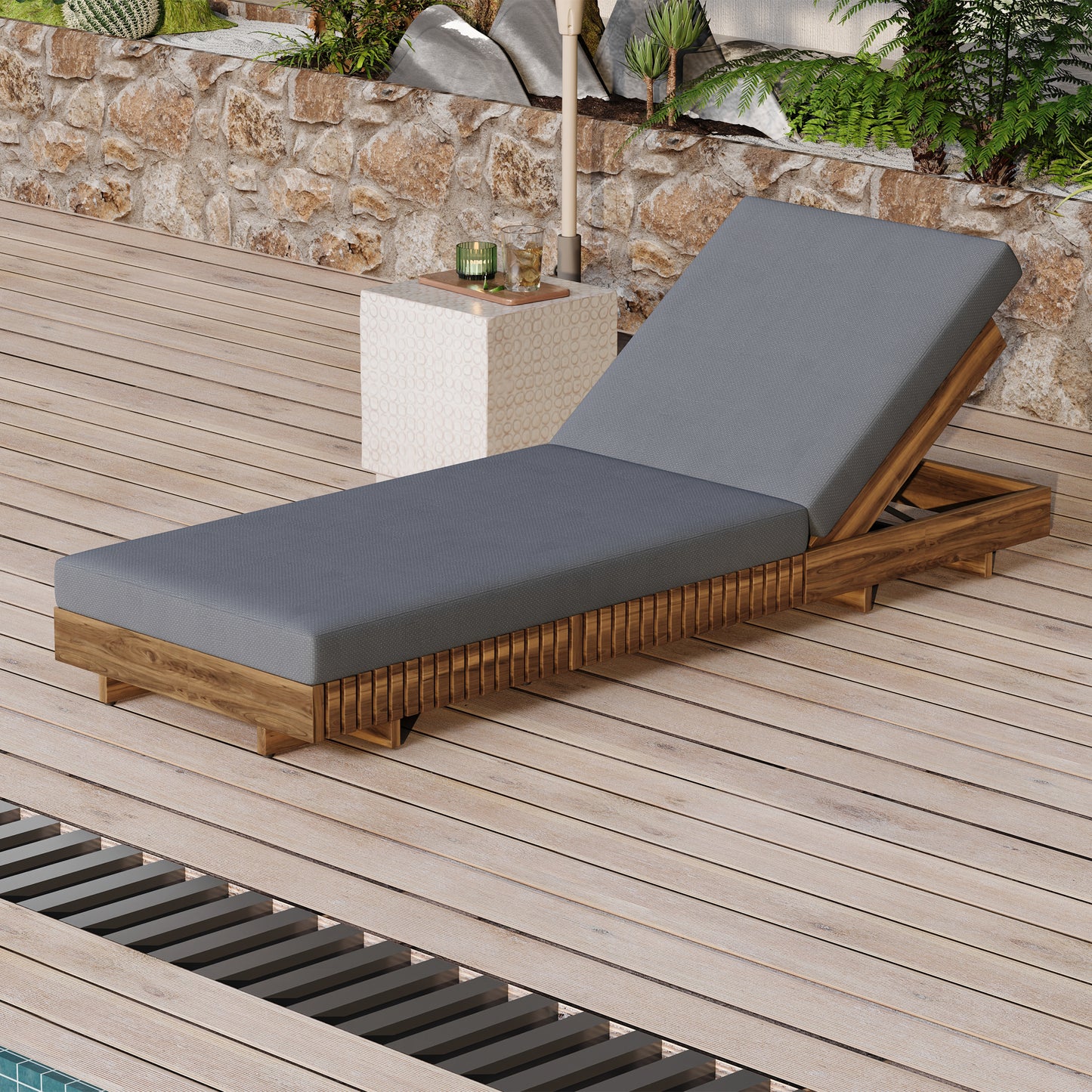 Lounge chaise Set, Acacia solid wood with  LOUNGE CUSHION (Dark Grey) - Matching Cream Version Available