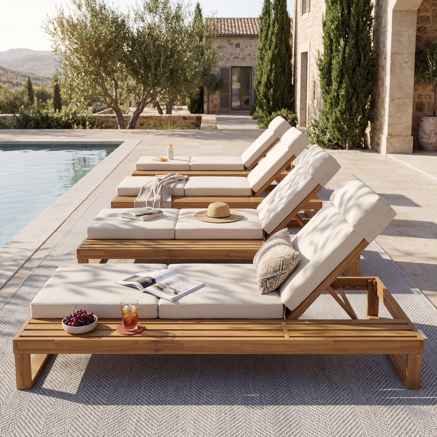 Teak Finish Acacia Wood Chaise Lounge with 4-Inch Beige 4-Fold Cushion Set, Adjustable Outdoor Patio Lounger with Flat Side Surface, for Poolside- Matching cream,dark gray version available