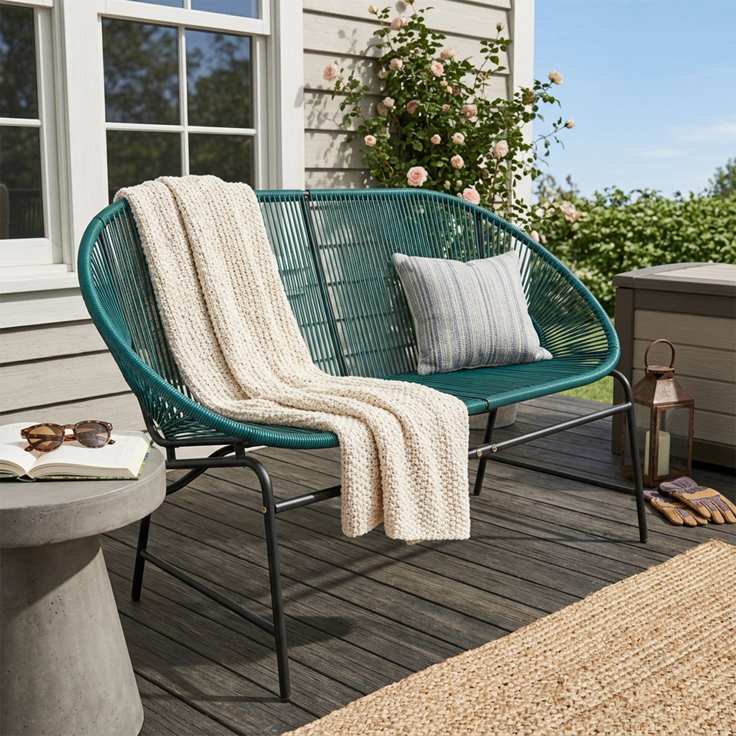 CONDESSA OUTDOOR PATIO WICKER LOVE SEAT, GREEN PE RATTAN & IRON FRAME, SET OF 1