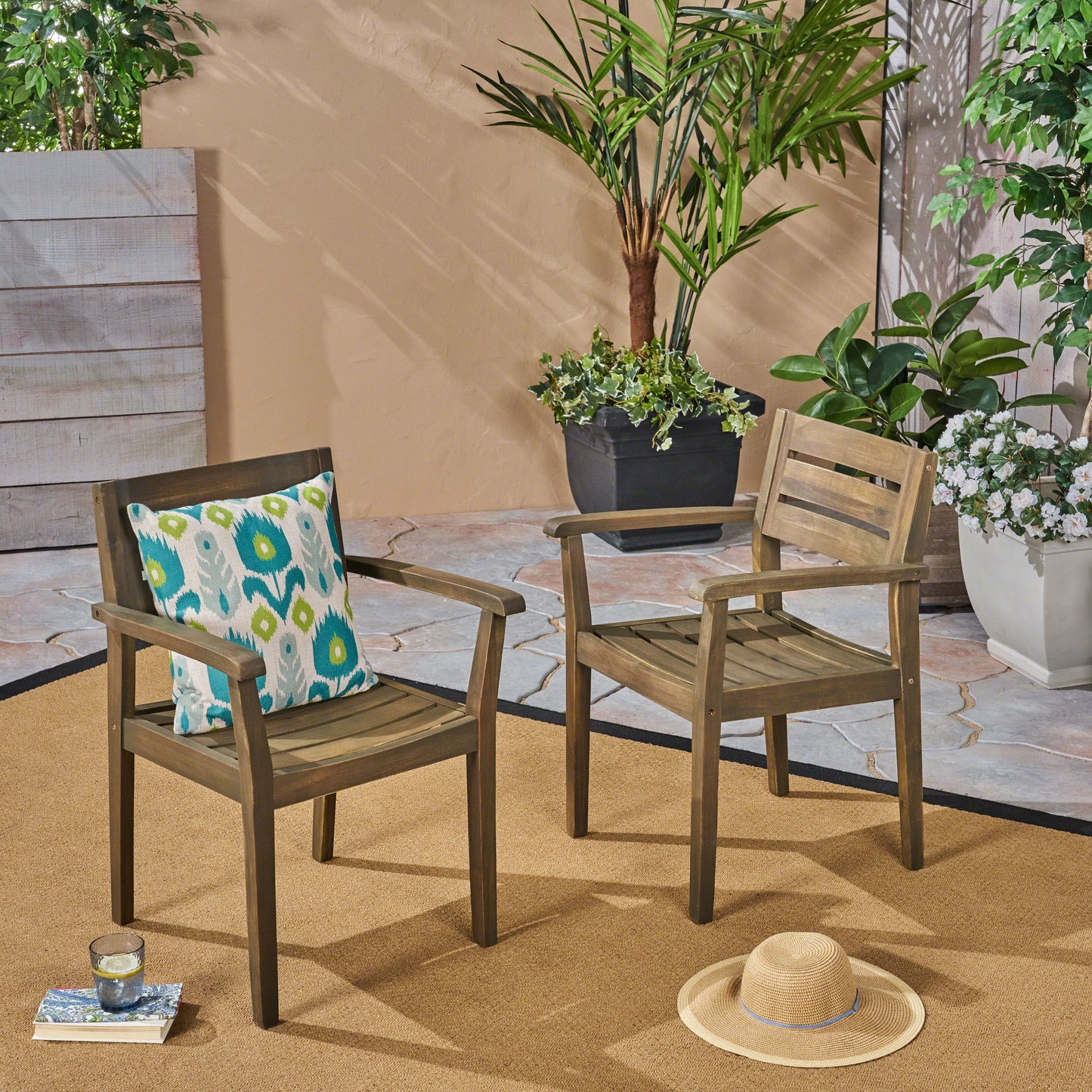 STAMFORD Dining Chairs Set of 2,Acacia Wood Patio Armchair,for Backyard, Poolside, Garden,Grey