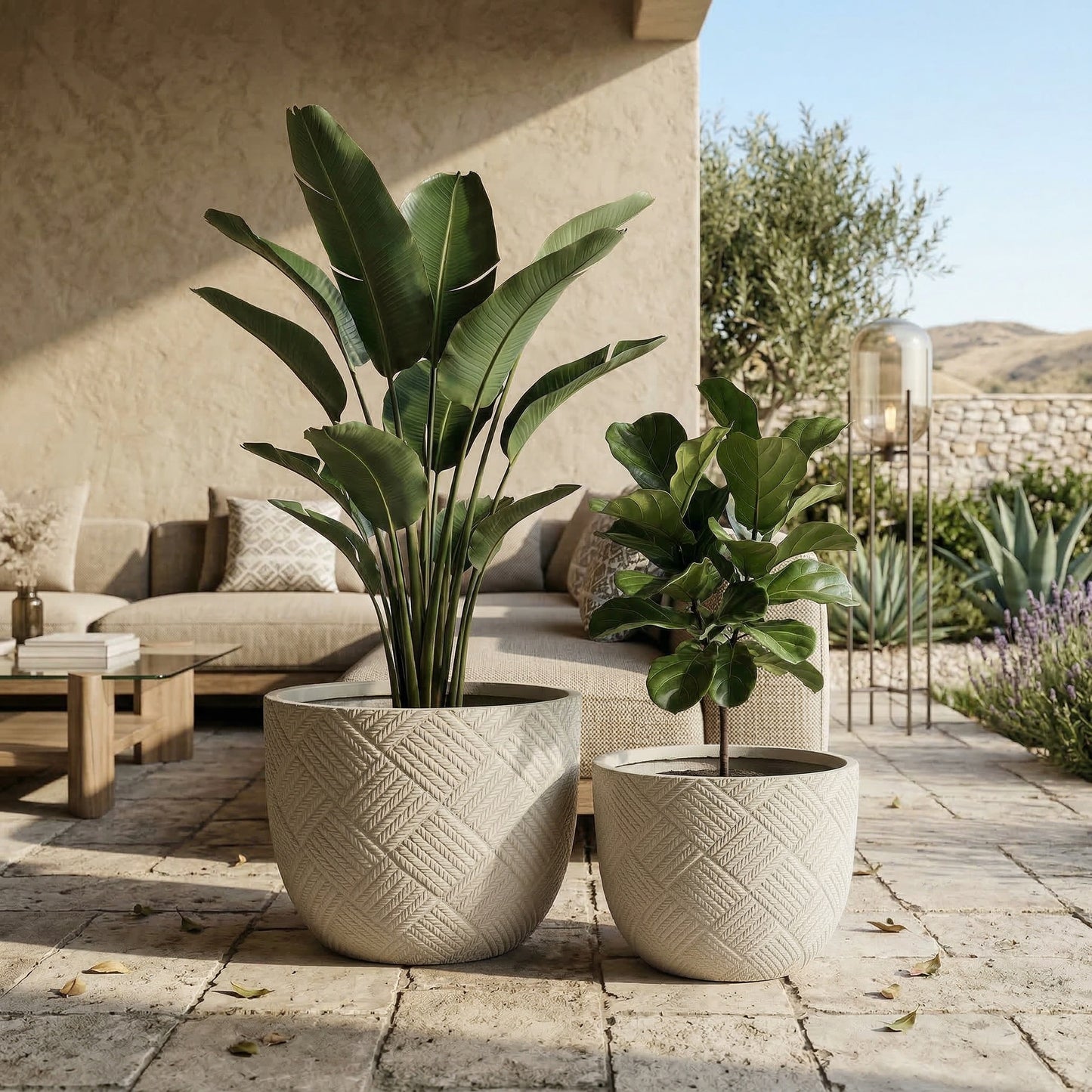 Round Concrete Planter Set of 2, Large Outdoor Indoor Handmade Rustic Decorative Planter Pots with Drainage Holes for Home Garden Patio, 15" x 11" & 18" x 14"  (grey)