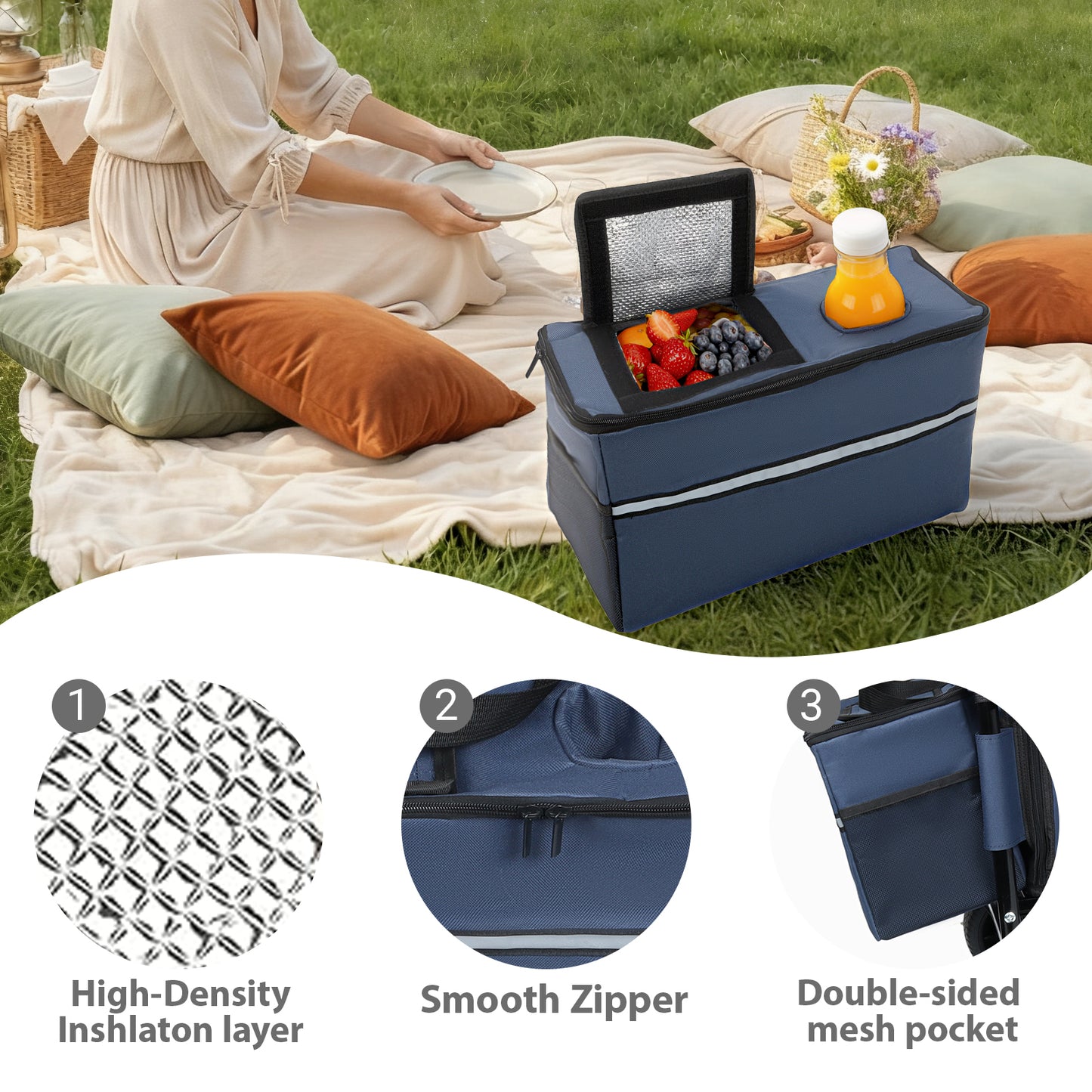 3-in-1 Folding Wagon Cart with Bench Seat & Storage, patent protection- Includes 1 ice pack, 500lbs Heavy-Duty, 180L Capacity All-Terrain Wheels for Camping, Beach, Sports, Garden, dark blue