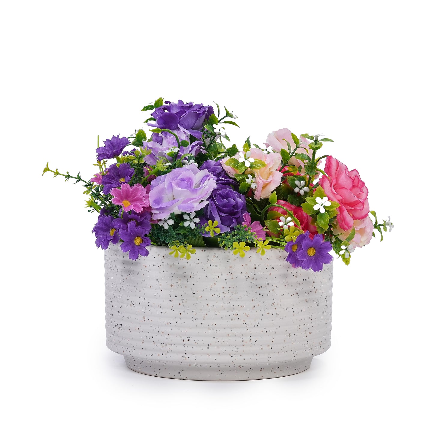 Handmade Ceramic Planter Set of 2, 11" & 8" Diameter, White with Vertical Ridges, for Aquatic Plants Indoor/Outdoor Shelf & Table Use, Breathable Non-Porous Clay