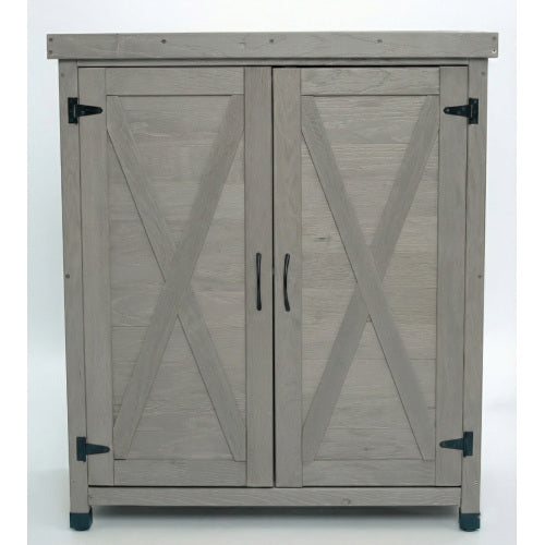 Grey Cedar Wood and Metal 220 lbs. Capacity Potting Bench with Storage Cabinet and X-Brace Design
Questions & An