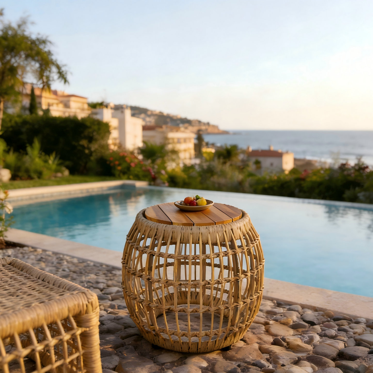 Acacia Wood Outdoor Side Table with Wicker Base - Light Brown, Round 16.15" Outdoor Accent for Patio, Garden, Balcony & Indoor Use