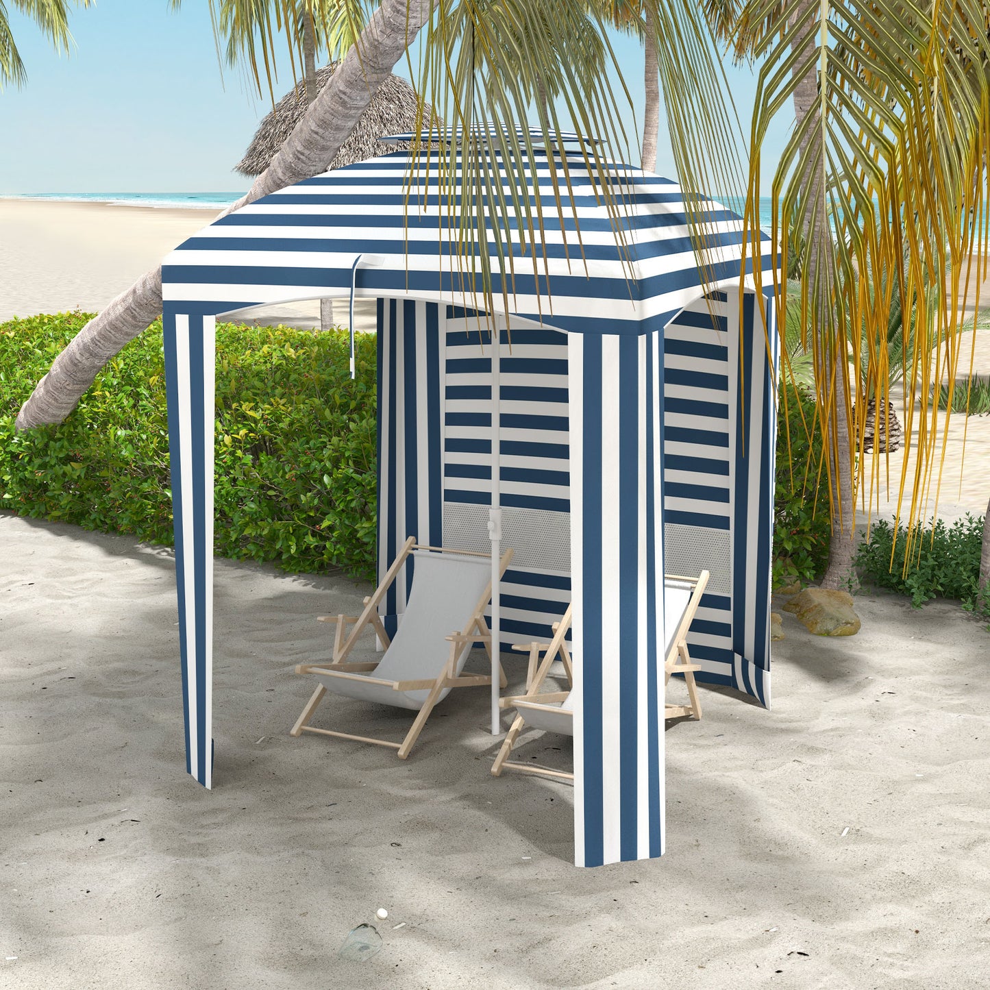 Outsunny 5.8' x 5.8' Portable Beach Umbrella with Double-Top, Ruffled Outdoor Cabana with Walls, Vents, Sandbags, Carry Bag, Blue & White Stripe