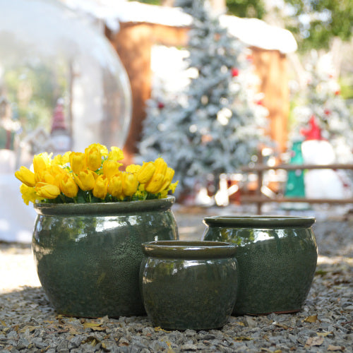 Set of 3, Handmade Antique Blue Green 11.6 in. H Round Ceramic Plant Pots, with Drainage Hole, Indoor Outdoor Use
