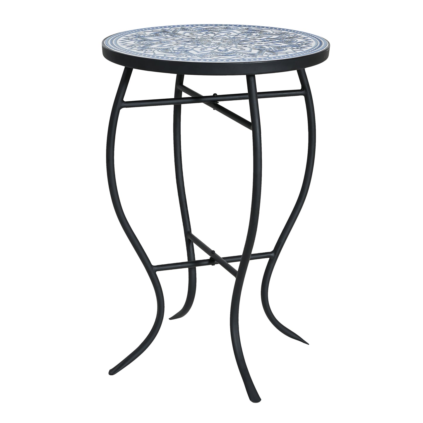 Outdoor Round Side Table with Mosaic-Style Top and Curved Iron Legs, Blue and Matte Black