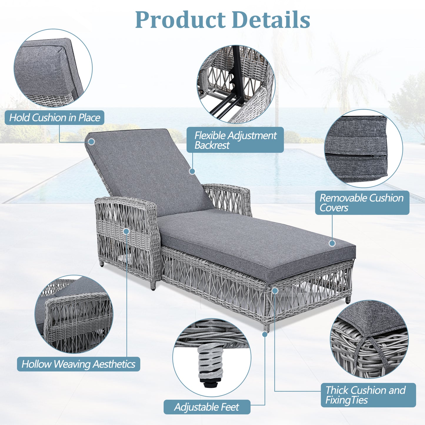 GO Outdoor Long Reclining Chaise, Wicker Lounge with Armrests, Patio Adjustable Recliner with Soft Removable Cushions, All Weather Rattan Pool Lounge for Poolside & Garden, Gray