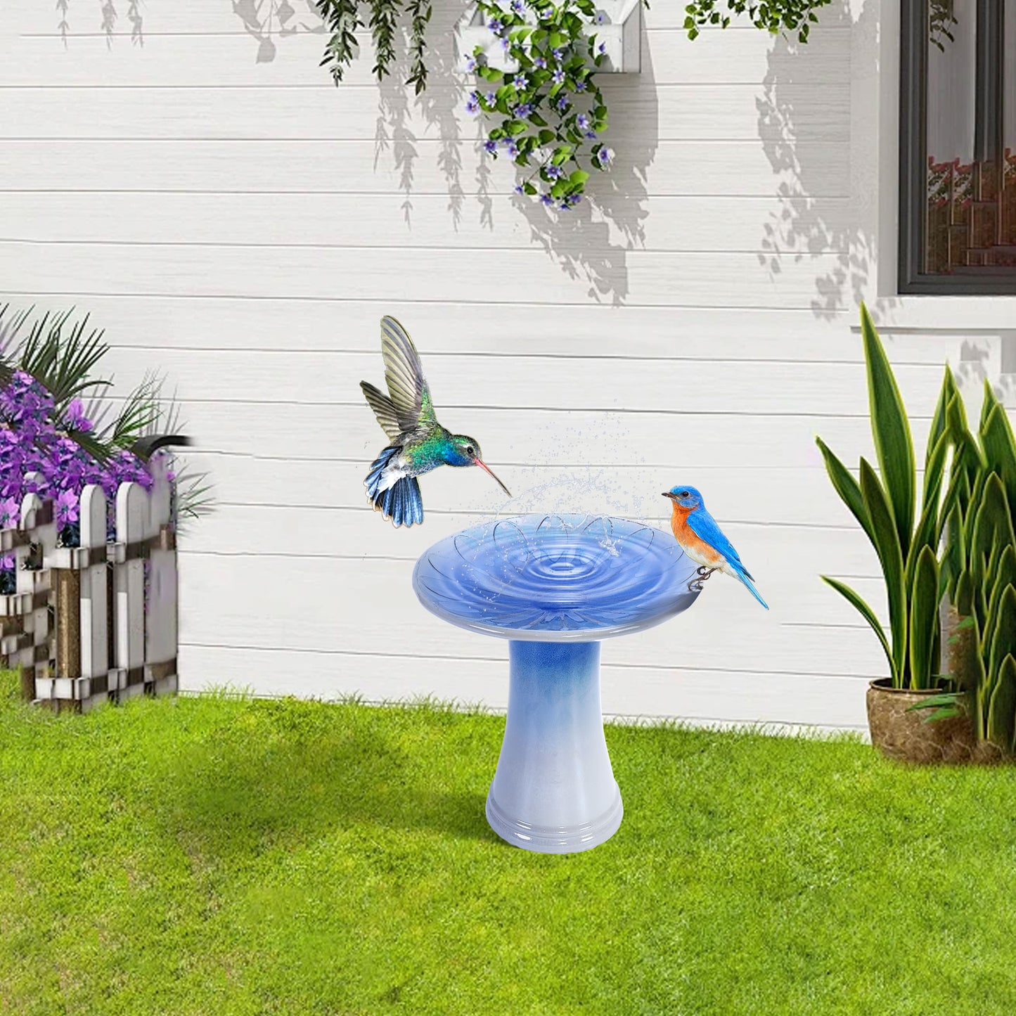 17'' Ceramic Bird Bath for Outside, Elegant Tall Outdoor Bird Bath, Lightweight Pedestal Glazed Birdbaths for Outdoors with floral Pattern, Blue Ombre