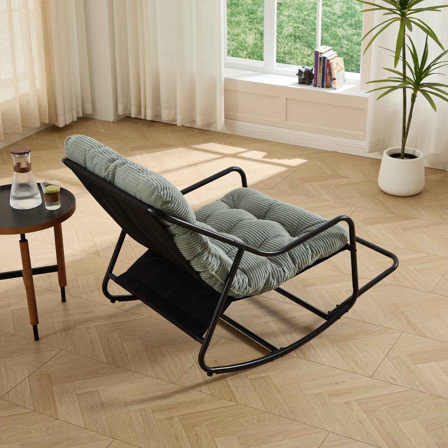 Outdoor Rocking Chair, Comfy Cushion, with Soft Thick Cushion,for Living Room, Bedroom, Reading Room, Black Frame with Light green Cushion