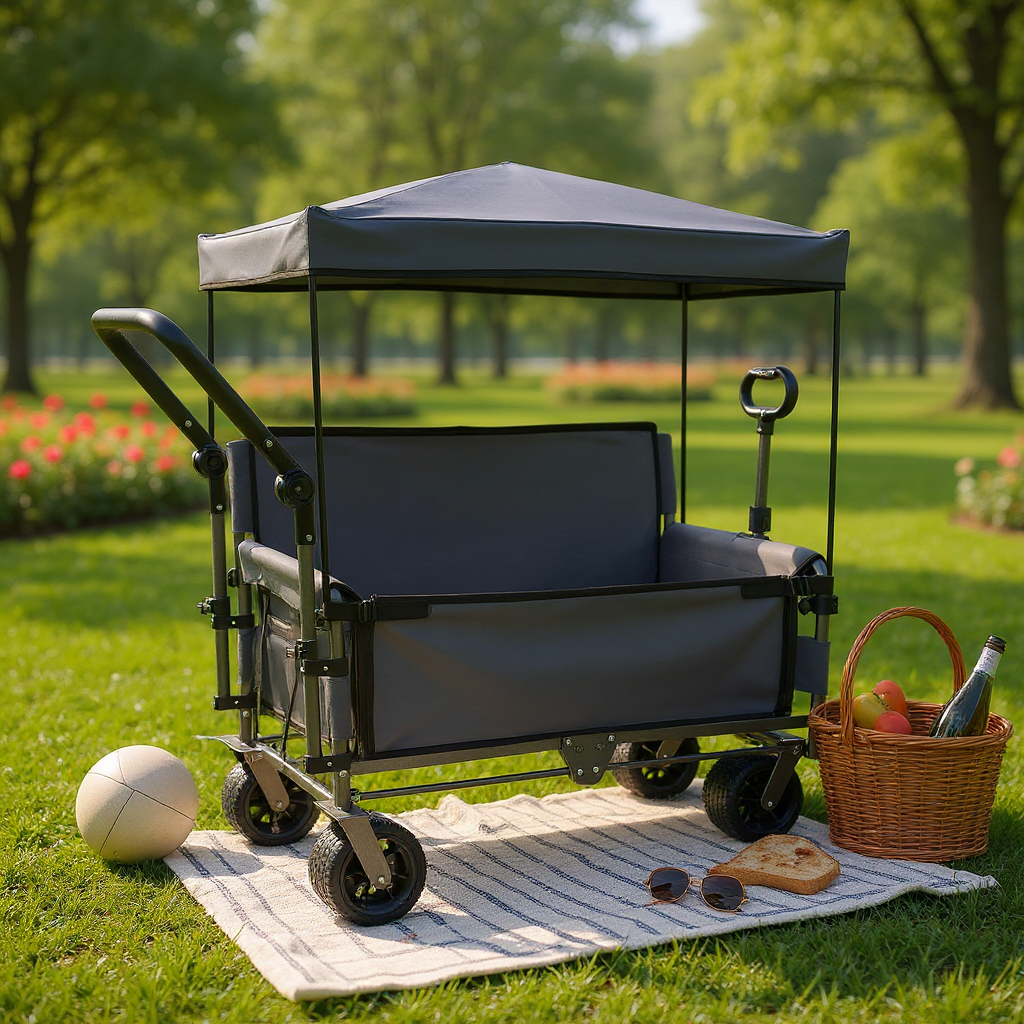 3-in-1 Folding Wagon Cart with Bench Seat & Canopy & Storage, 500lbs Heavy-Duty, 180L Capacity, All-Terrain Wagon for Camping, Beach, Sports, & Garden, Gray