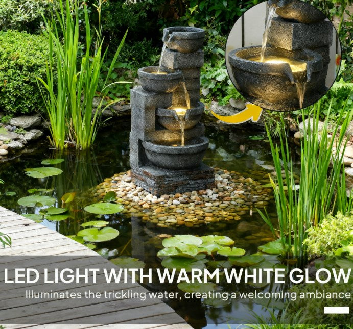 Garden Fountain,Tall Outdoor Waterfall Fountain with LED Lights, 4-Tier Resin Cascading Water Bowls with Pump