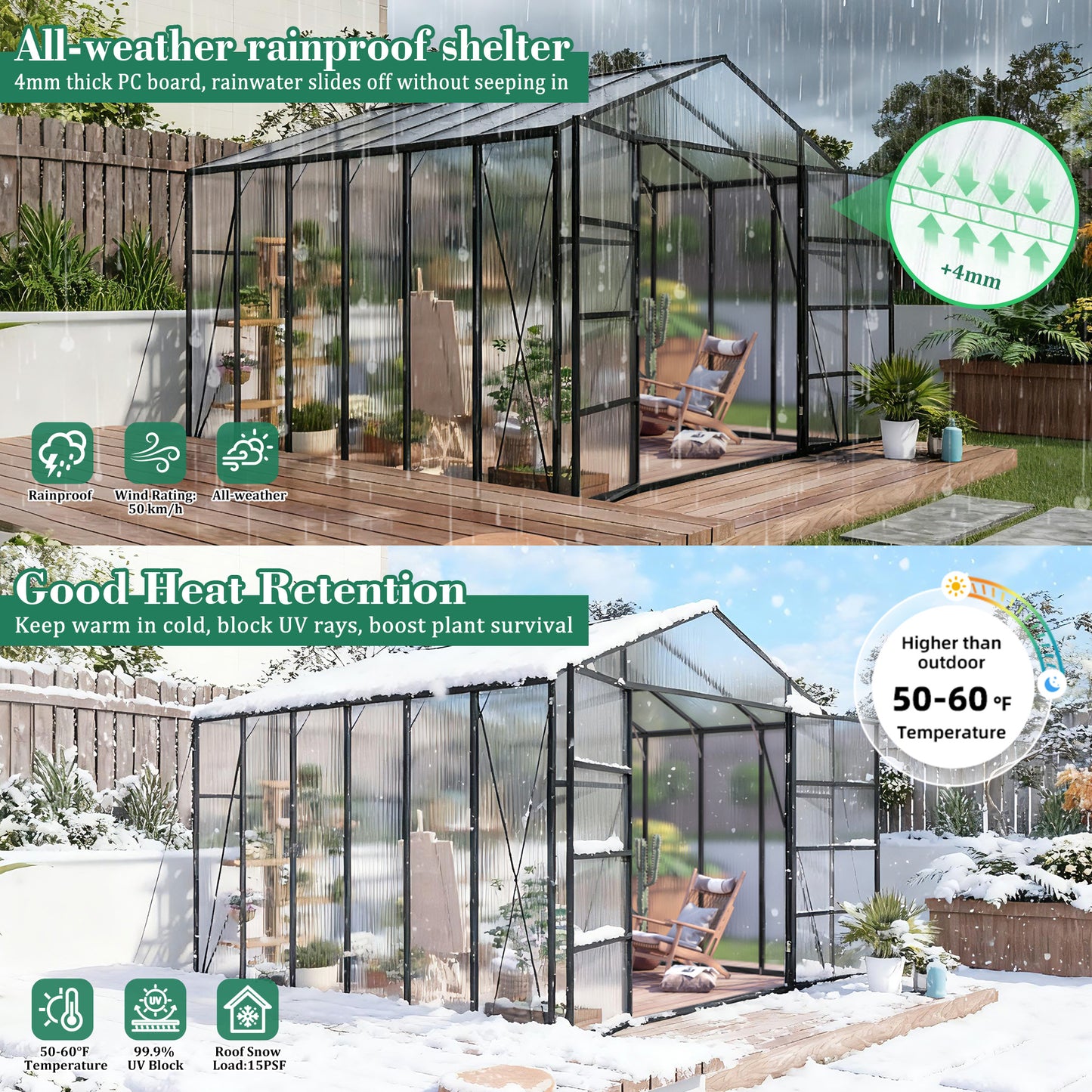Newly marketed Gain height windproofaluminum greenhouse 10x12 FT Polycarbonate Greenhouse Raised Base and Anchor Aluminum Heavy Duty Walk-in Greenhouses for Outdoor Backyard in All Season