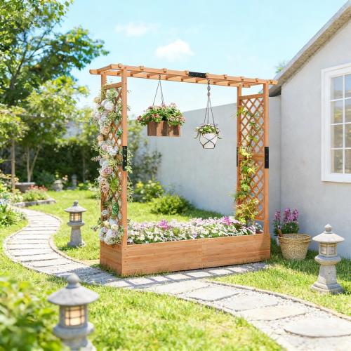 44 .1 in. x 70.9 in. Brown Wood Garden Trellis with Wood Planter Box, Drainage Hole and Fabric Filter