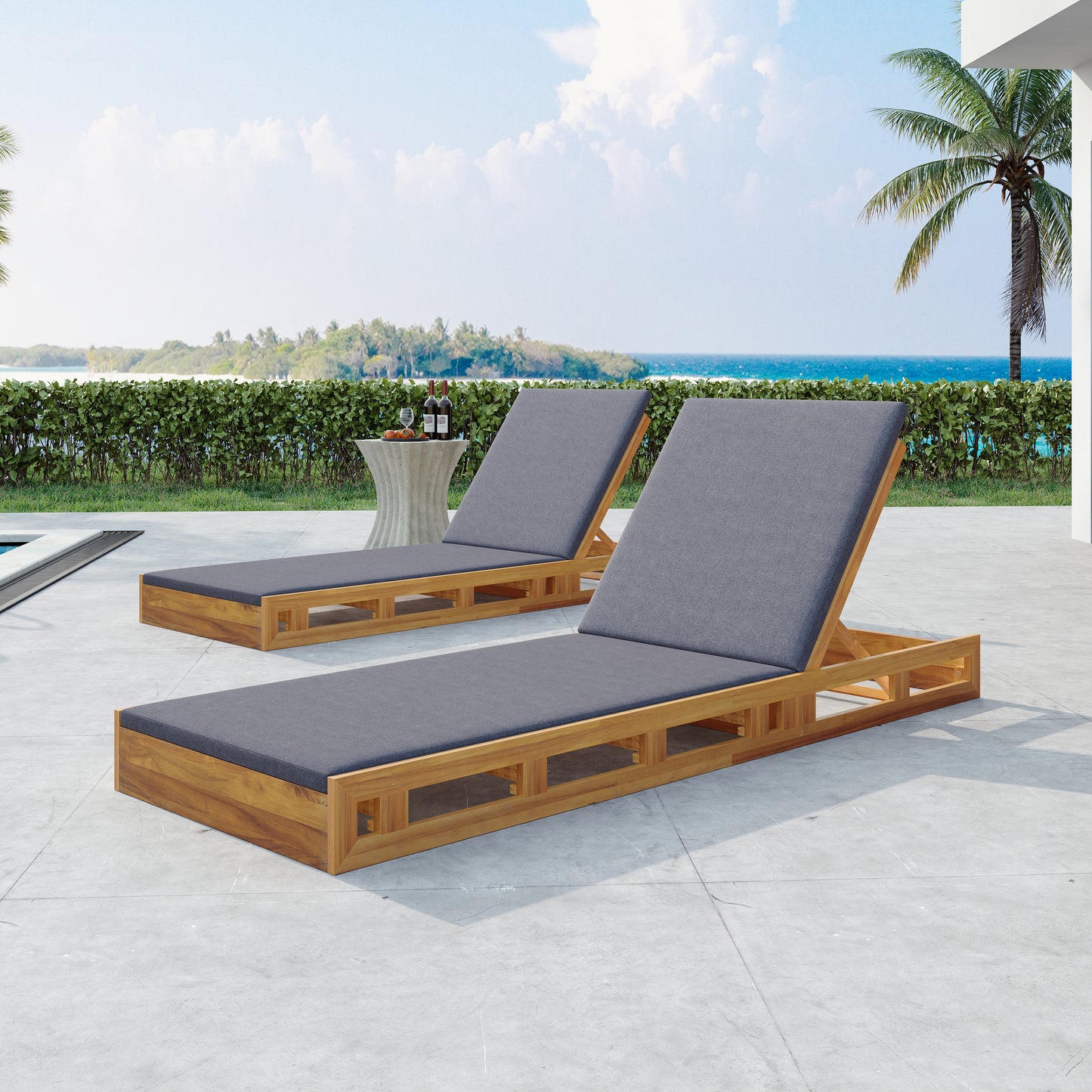 LOUNGE CHAISE SET,ACACIA WOOD WITH WATER-RESISTANT LOUNGE CUSHIONS (Dark Grey/ & 2 INCH THICK) - MATCHING CREAM/LEAF COCONUT VERSION AVAILABLE