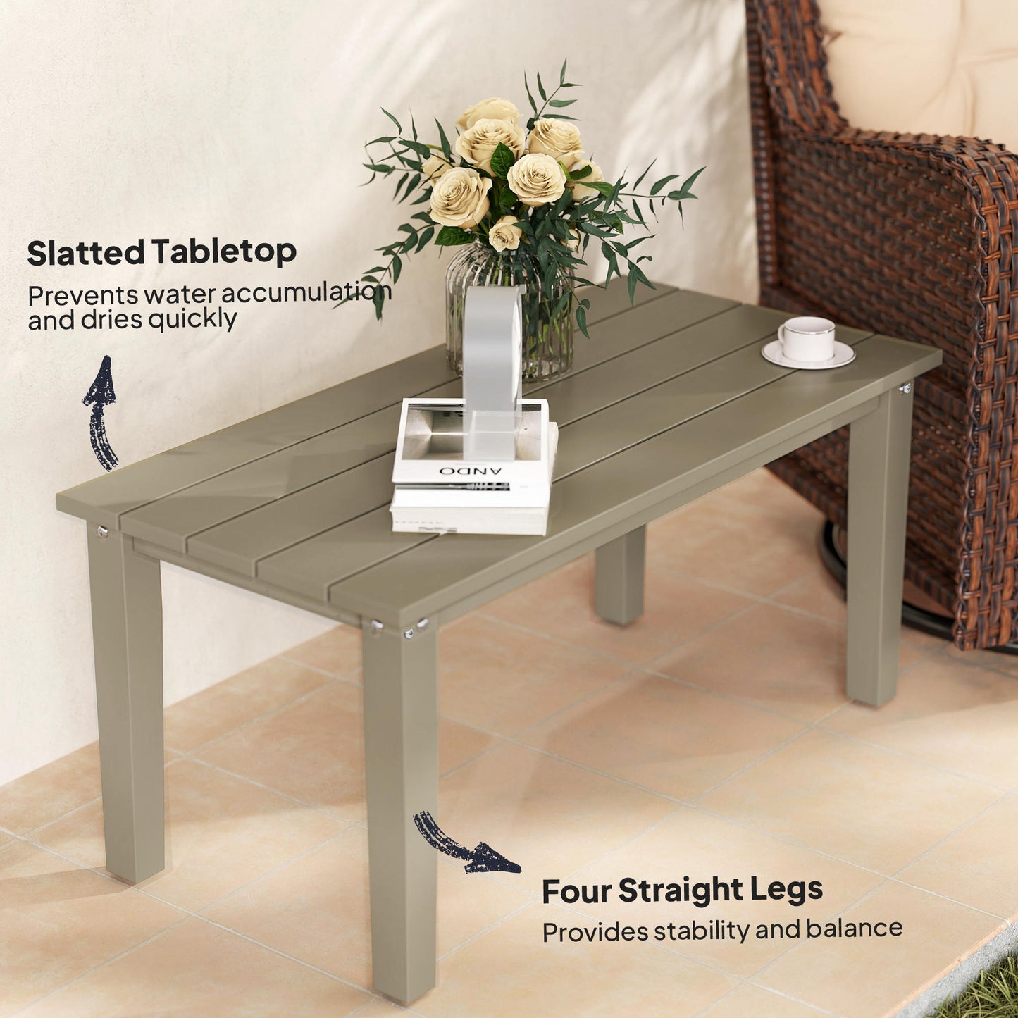 Outsunny HDPE Outdoor Coffee Table, Rectangle All-Weather Patio Coffee Table, Slatted Outdoor Patio Table for Garden, Balcony, Backyard, Brown