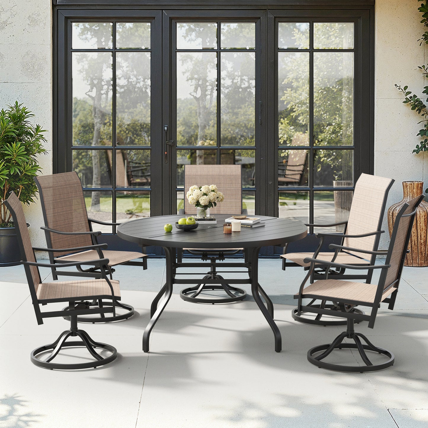 Round Outdoor Patio Dining Table, 47" Round Patio Table Wood-Like Grain with 1.57" Umbrella Hole, Metal Outdoor Dining Tables for Backyard and Poolside