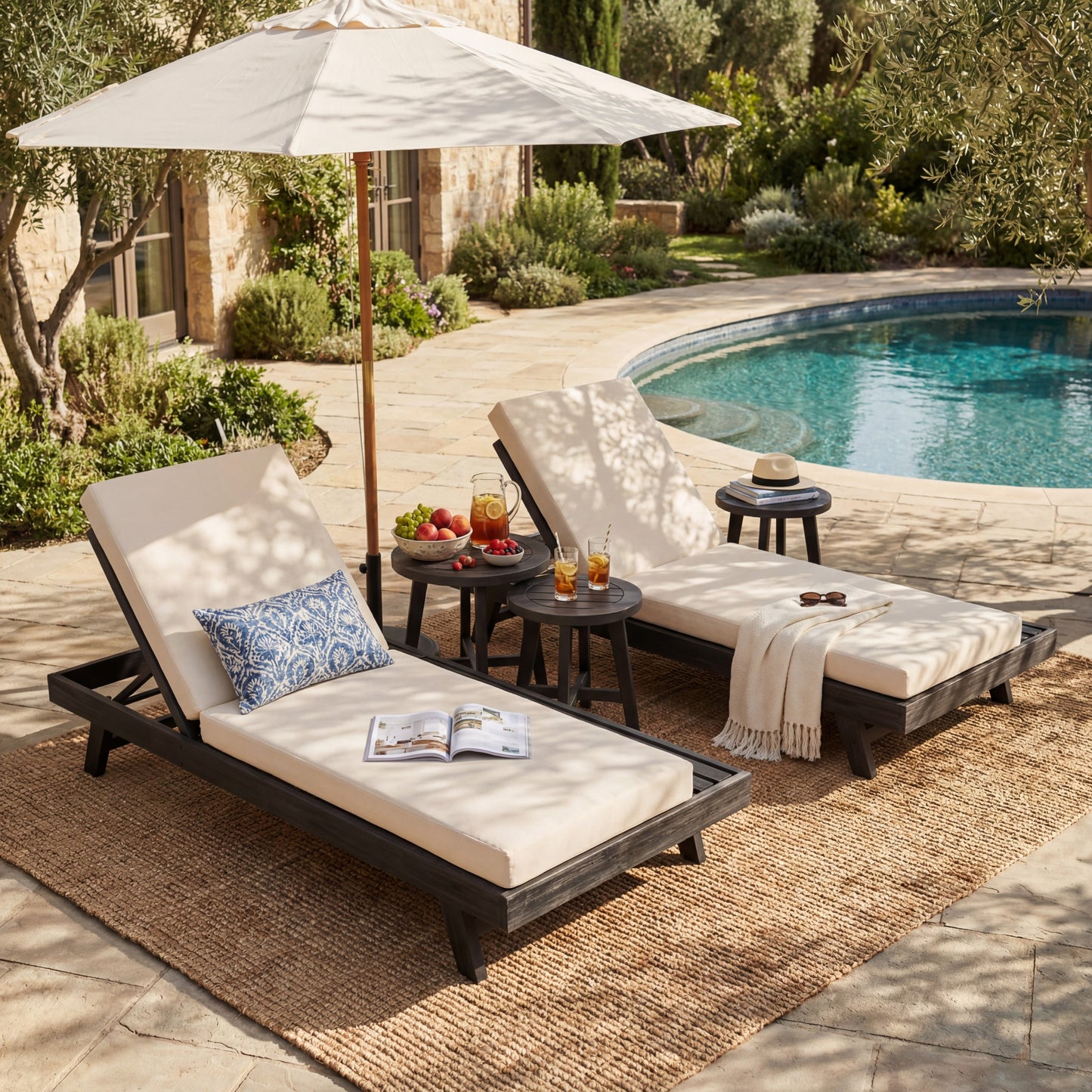 Lounge Chaise Set, Space Available On One Side, Acacia Wood In Black With Water-Resistant Lounge Cushions (Cream & 4 Inch Thick) – Matching Dark Grey Version Available