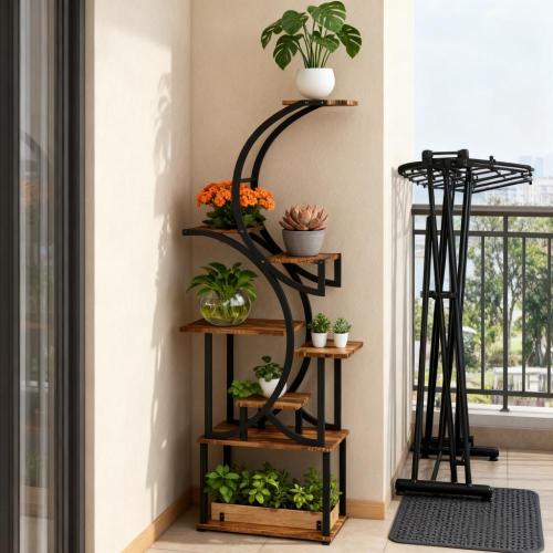 61.8" H 8-Tier S-Shaped Corner Plant Stand with Steel Frame and Fir Wood Base, Space-Saving Rack for Indoor Plants,