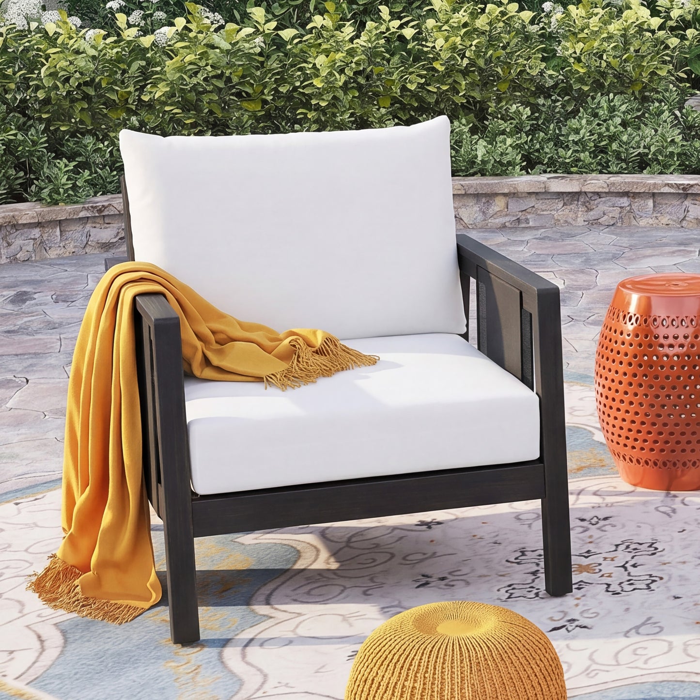 Outdoor Club Chair, Acacia Wood Frame with Black Textilene Accents, Water-Repellent White Cushions for Patio/Backyard/Deck