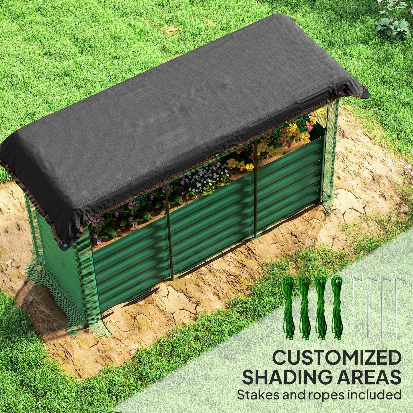 Outsunny Galvanized Raised Garden Bed, Planter Box with Crop Cage and Shade Cloth, Green