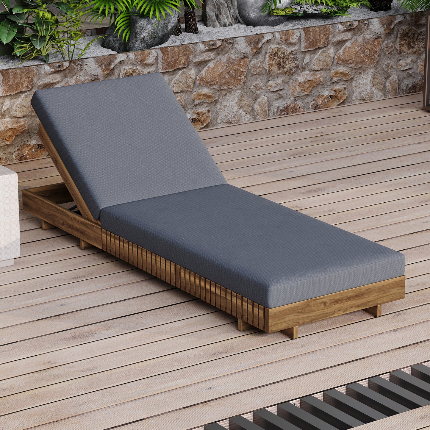 Lounge chaise Set, Acacia solid wood with  LOUNGE CUSHION (Dark Grey) - Matching Cream Version Available