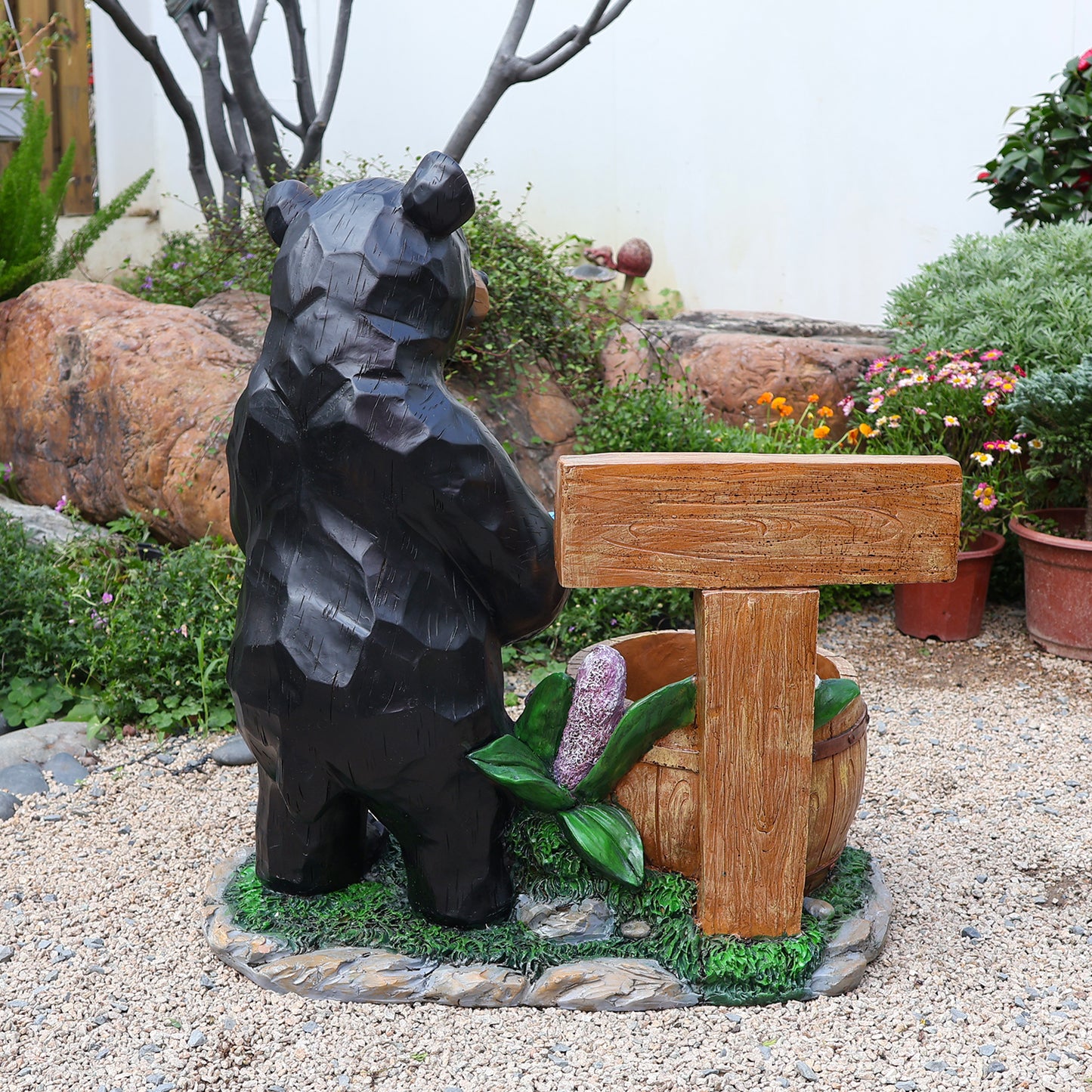 Outdoor Garden Sculpture Bear Flower Pot Planter - Unique Yard Statue Decoration, Interesting Law Outdoor Ornament