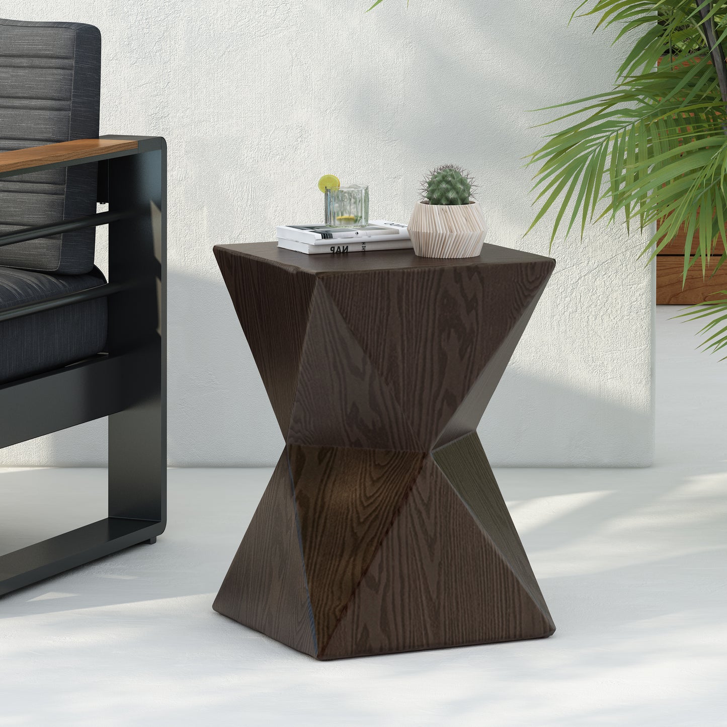 14.25" Natural Wood Grain Finish Prismatic Symmetry Concrete Outdoor Side Table with Symmetric Design – Weather-Resistant Accent for Patio, Garden, or Balcony